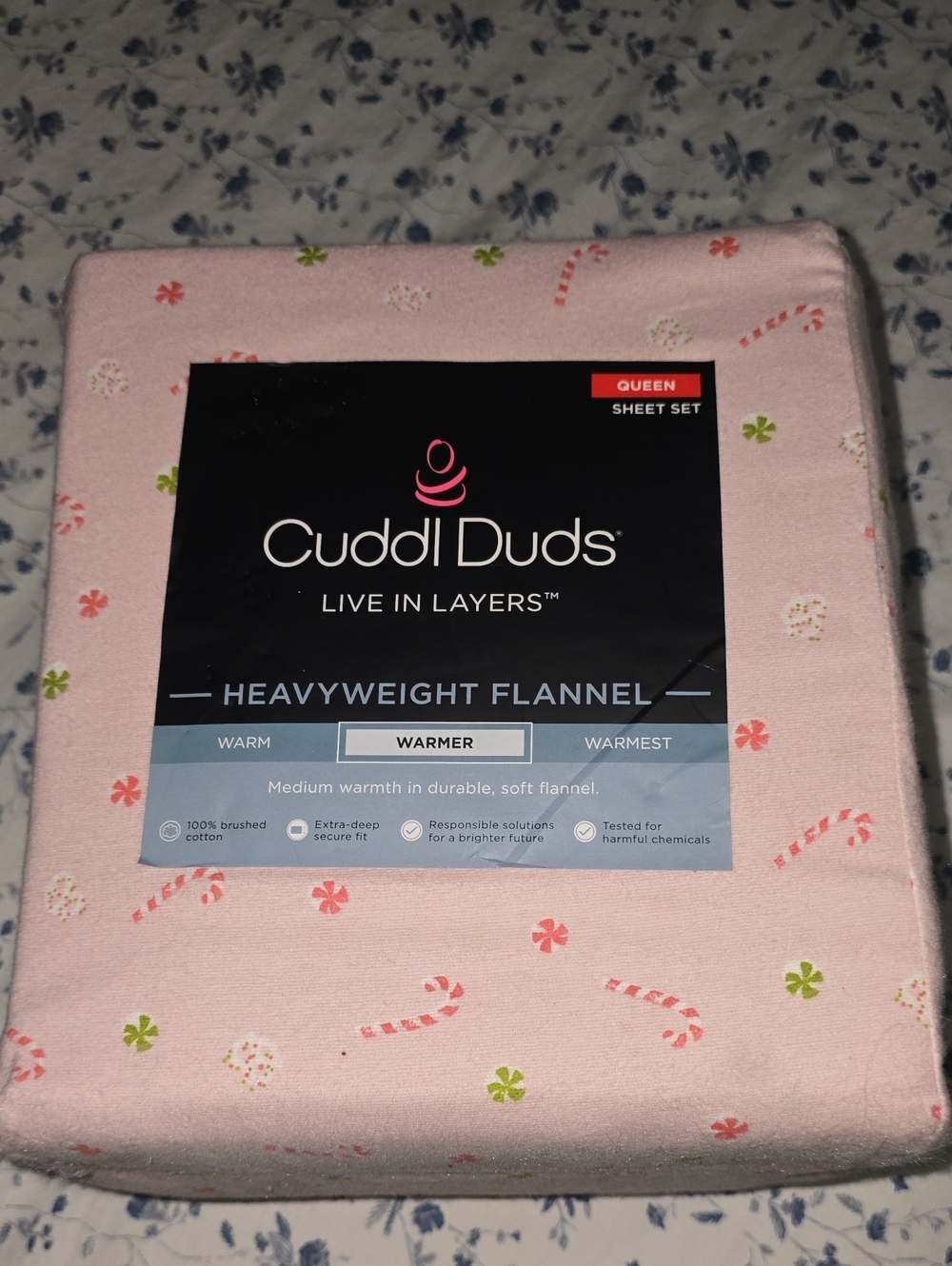 Cuddl Duds Pink Candy Cane Flannel Queen Sheet Set